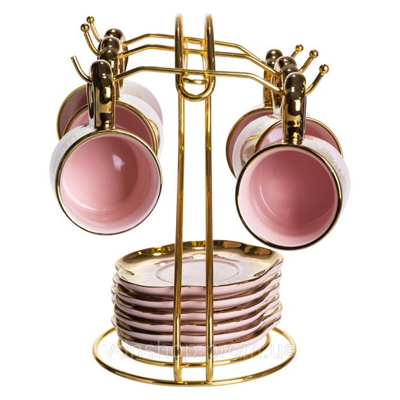 Набір чашок для кави на металевій підставці 6 (шт) по 100 (мл) подарунковий кавовий сервіз набір чашок Розовий із золотом FM-48 | Зображення 2