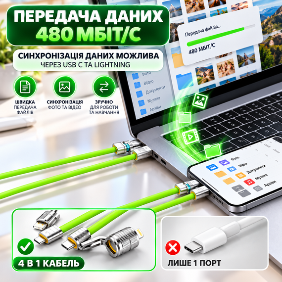 Кабель зарядний 4 в 1 універсальний 2 м салатовий для швидкого заряджання та передачі даних із захистом від перегріву | Зображення 5
