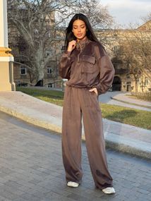 Женский велюровый спортивный костюм с штанами палаццо JA0282 цвет коричневый, размер 42/44