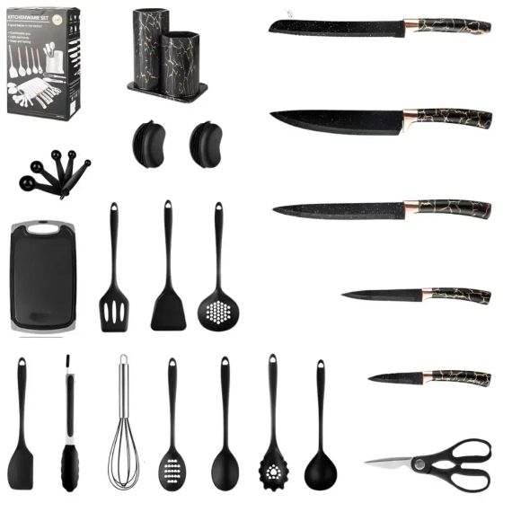 Набір кухонного приладдя 25 предметів з подвійною підставкою обробною дошкою набором ножів прихватками | Зображення 4