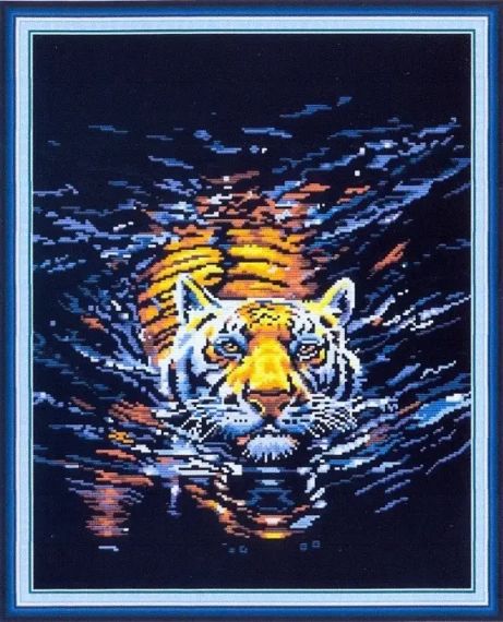 Набор для вышивания по нанесённой на канву схеме "Tiger in water". AIDA 14CT printed 40*48 см