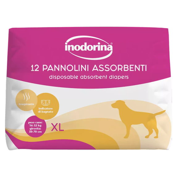 Підгузки для собак сук абсорбуючі з індикатором вологості Inodorina Pannolini Assorbenti, 12 шт, розмір XL