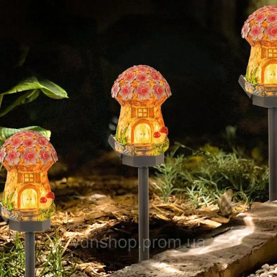Садовий ліхтар 43 см у ґрунті у вигляді гриба із сонячною панеллю Казковий будиночок | Зображення 1