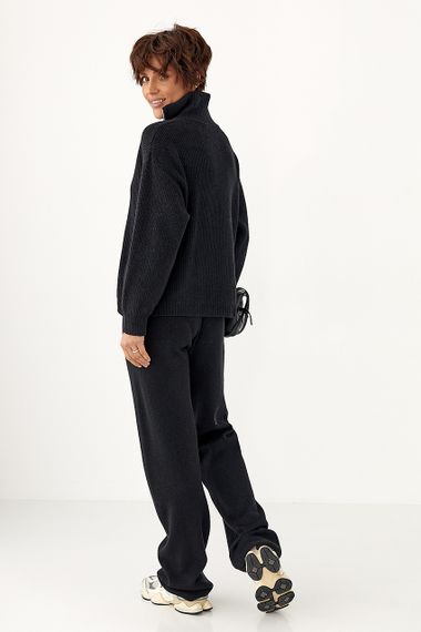 В'язаний костюм зі светром із блискавками та прямими штанами - чорний цвет, ONE SIZE (є розміри) | Зображення 1