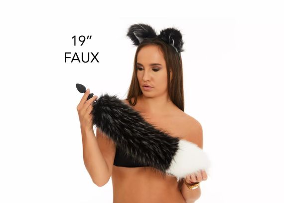 Анальний хутряний хвіст без пробки, Чорнобурий з білим кінчиком, OKOVA 50 см sexstyle