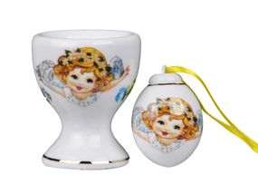 Подставка фарфоровая под яйцо + сольница для мальчика 2 предмета Ангелок 6 см