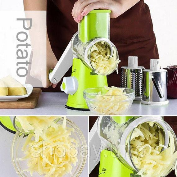 Овочерізка мультислайсер Tabletop Drum Grater Kitchen Master Терка для овочів та фруктів 3 насадки. Колір: зелений | Зображення 5