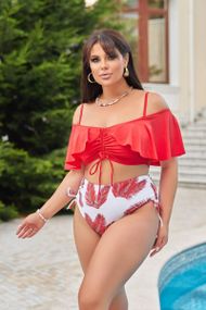 Роздільний червоний купальник  PLUS SIZE знімними чашками та високими плавками