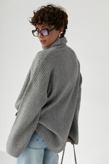 Тепла в'язана туніка в рубчик - сірий цвет, ONE SIZE (є розміри) | Зображення 1