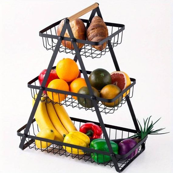 Настольная трехъярусная корзина - фруктовница с деревянной ручкой Triple Fruit Basket | Зображення 4