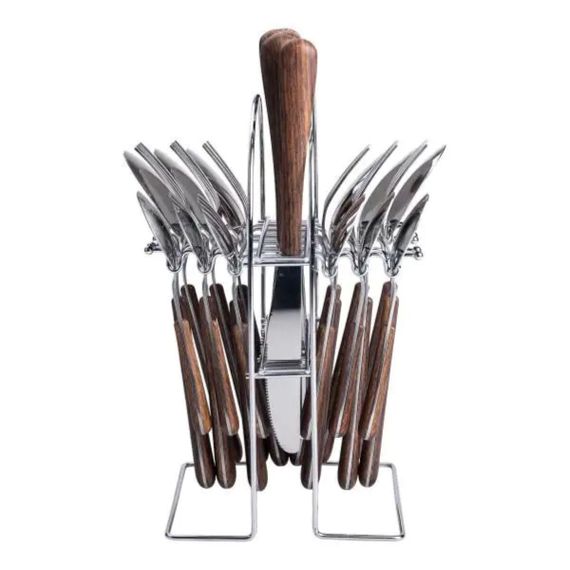 Набор столовых приборов на 6 персон с деревянными ручками на подставке столовые приборы 24 шт Серебро HP-20-1 | Зображення 1