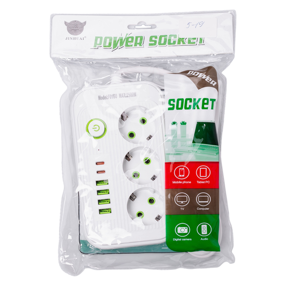 Мережевий фільтр кабель 2,7 м подовжувач F16 на 3 розетки 4 usb 2 type-c та кнопкою відключення Білий HP-5-19 | Зображення 7