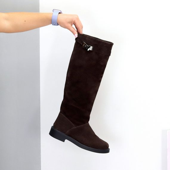 Хітові замшеві чоботи труби жокейки на флісі колір гіркий шоколад | Зображення 1