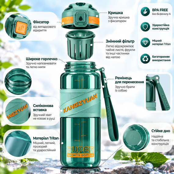 Спортивная бутылка KANGZYUAN 1000 мл - Зеленая Tritan BPA-free, ударопрочная эко-бутылка с фильтром и ремешком | Зображення 4