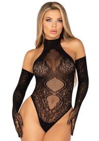 Боди Leg Avenue Lace Halter Teddy and Long Gloves One Size Black Sex Aura