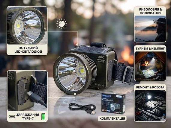Налобний ліхтарик K 8 pro / Налобний ліхтар UKC K8 Pro FS / LED акумуляторний ліхтар | Зображення 1