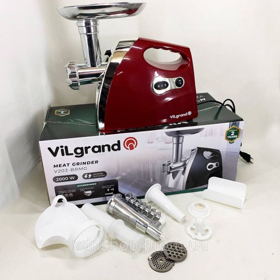 М'ясорубка з насадками для нарізання овочів ViLgrand V203-BRMG 2000 Вт, Електром'ясорубка 5 насадок SC-52