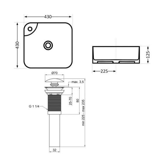 Комплект Qtap Stork: Раковина накладна квадратна 430x430x125 мм White + Донний клапан PU02 | Зображення 1