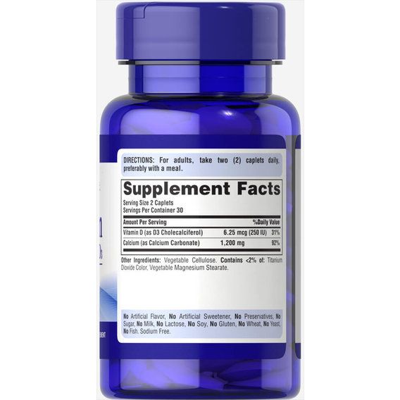 Мікроелемент Кальцій Puritan's Pride Calcium Carbonate 600 mg + Vitamin D 60 Caplets | Зображення 1