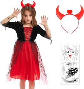 Костюм платье вампира чёртика для девочек красное, комплект на Хэллоуин обруч с рожками наклейки на 105-115 см