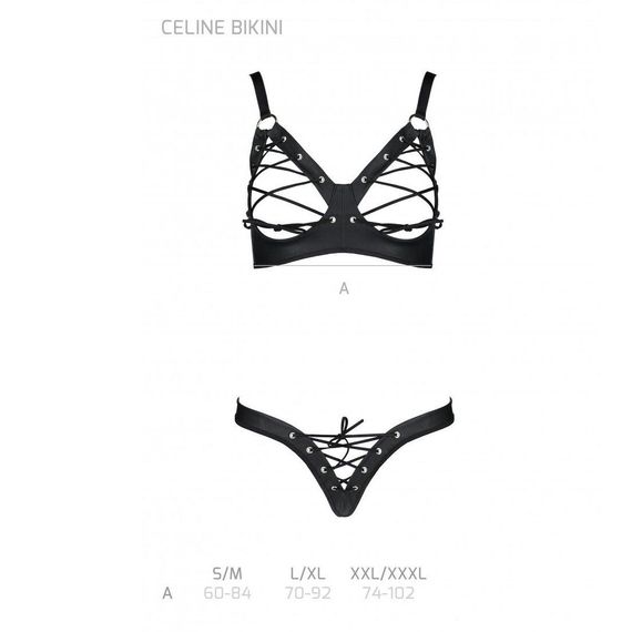 Комплект з екошкіри Passion CELINE BIKINI S/M black відкритий бра зі стрічками, стрінги зі шнурівкою | Зображення 4