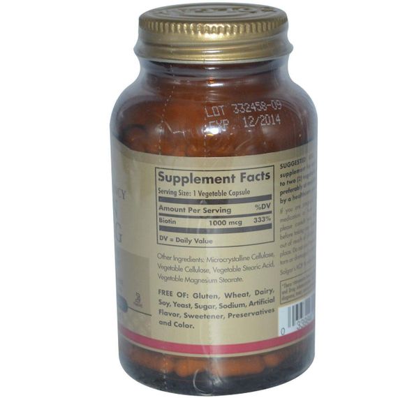 Біотин, Biotin, Solgar 1000 мкг, 250 капсул | Зображення 1
