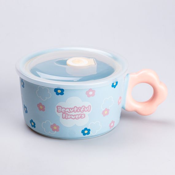 Миска для лапши керамическая 750 мл с крышкой Голубая