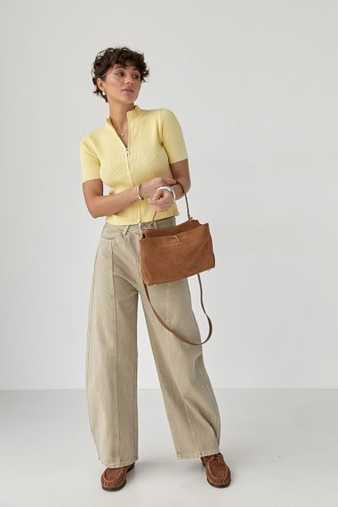 Однотонна футболка в рубчик на блискавці - лимонний цвет, ONE SIZE (є розміри) | Зображення 2