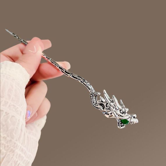 Металева китайська паличка для волосся "Срібний Дракон з нефритом". | Зображення 3