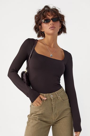 Еластичне боді з довгими рукавами - темно-коричневий цвет, M (є розміри)