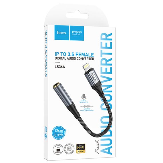 Аудіо кабель Aux Hoco LS36A Fresh 3.5mm to Lightning (0.12m) Metal gray | Зображення 1