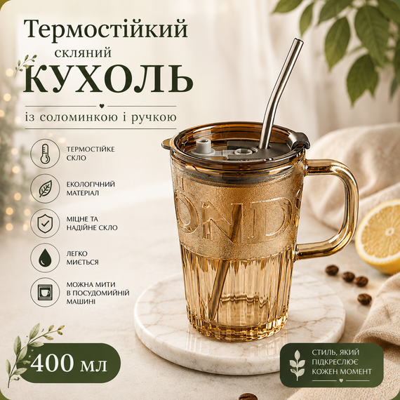 Эко-стакан из термостойкого стекла 400 мл с многоразовой трубочкой для горячих и холодных напитков коричневый | Зображення 8