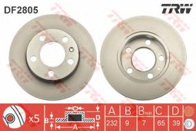 Диск гальмівний AUDI A3, SEAT TOLEDO, SKODA FABIA, OCTAVIA, VW GOLF задн. (вир-во TRW) TRW DF2805 на SEAT IBIZA V (6J5, 6P5)