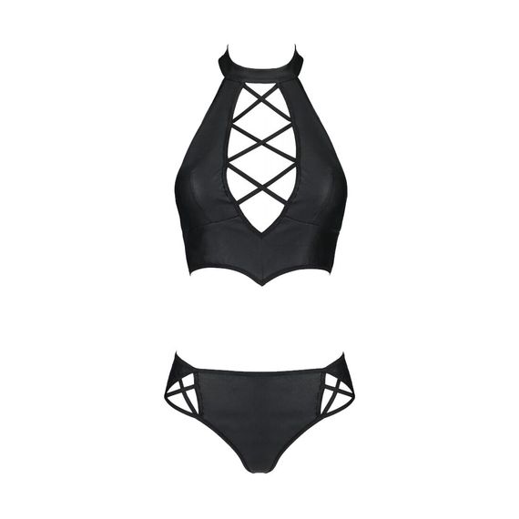 Комплект з екошкіри Passion NANACY BIKINI 4XL/5XL black, бра та трусики з імітацією шнурівки | Зображення 2