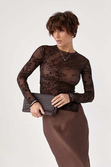 Прозорий лонг у сітку з драпіруванням - темно-коричневий цвет, L (є розміри) | Зображення 4