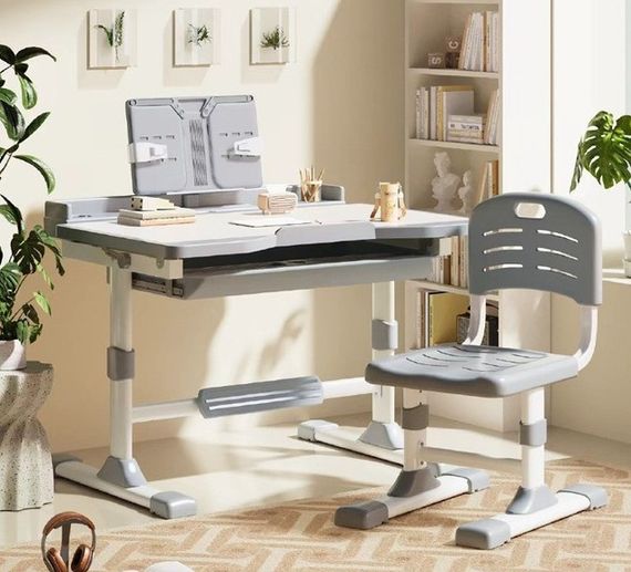 Детская парта для школьника Spoko SP-09 с лампой и сиденьем, регулируемая, серая (42401045)