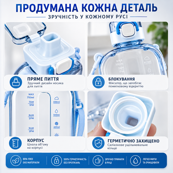 Эко-бутылка для воды 750 мл голубая, BPA-free с ремешком и мерной шкалой | Зображення 4