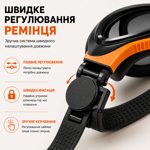 Очки для плавания с большой оправой и встроенными берушами Anti-Fog - Черно-оранжевые | Зображення 5