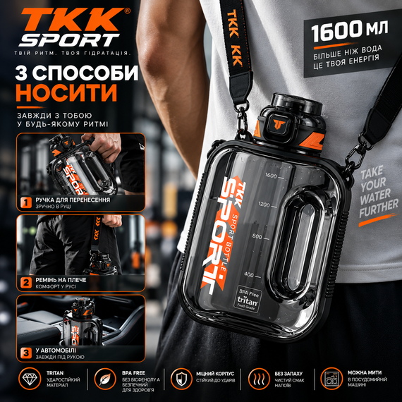 Спортивная бутылка TKK SPORT 1600 мл из Tritan - ударопрочная прозрачная черная бутылка для воды с ремешком | Зображення 9