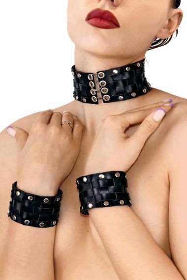 Чокер із манжетами Art of Sex Leather Chezarro One Size Чорний