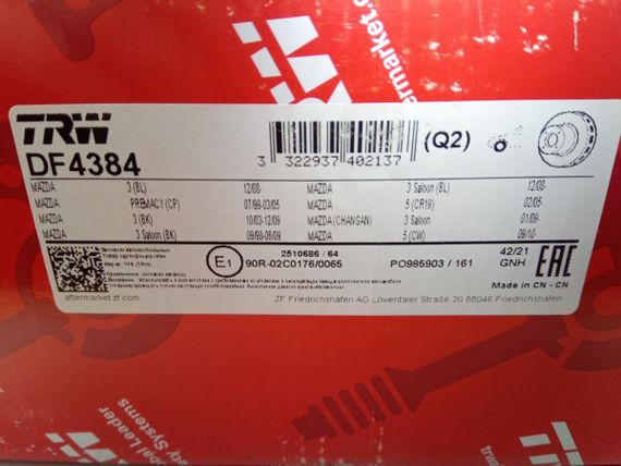Диск гальмівний MAZDA 3 передній, TRW (DF4384) 2 шт. в упак. | Зображення 1