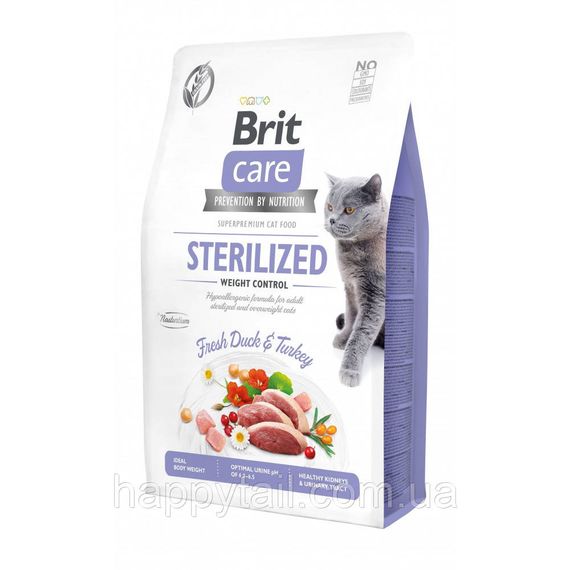 Корм сухой Brit Care Cat Grain Free Sterilized Weight Control для стерилизованных котов с избыточным весом утка и индейка 2