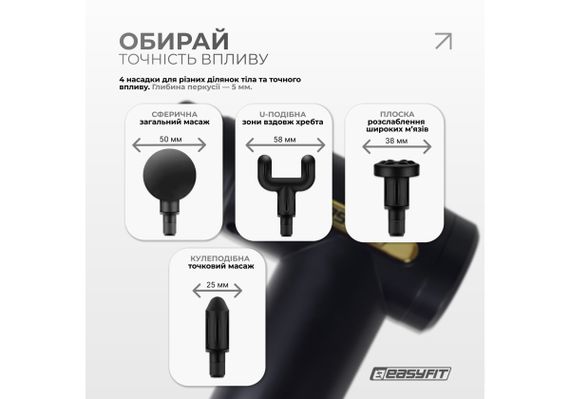 Перкуссионный массажер для тела EasyFit Pulse Mini 4 насадки, 6 режимов (EF-2070) | Зображення 4