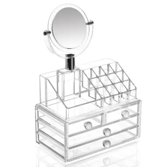 Акриловий органайзер для зберігання косметики з дзеркалом, настільний бокс, Cosmetic Storage Box, TS | Зображення 3
