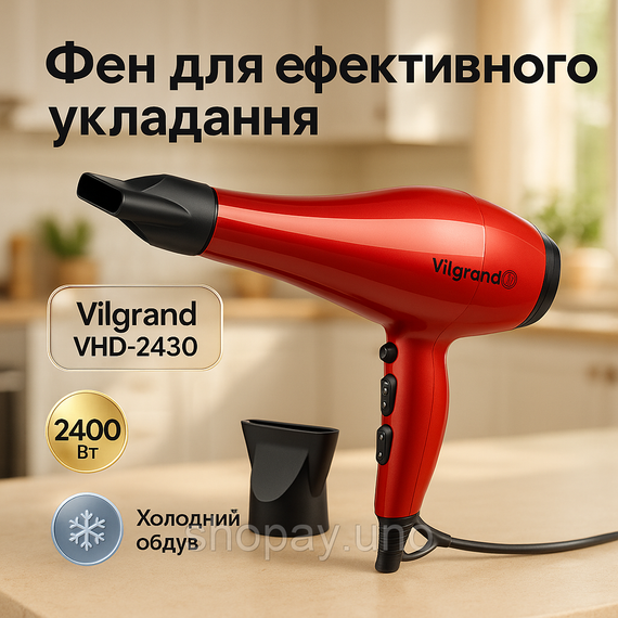 Фен для волосся 2 режими температури Vilgrand VHD-2430 2400 Вт, Фен з режимом регулювання температури CD-75