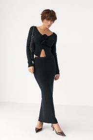 Приталений костюм в рубчик з кофти та спідниці - чорний цвет, ONE SIZE (є розміри)