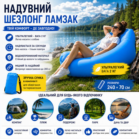 Надувний шезлонг ламзак 240х70 см Air Sofa Блакитний — портативний надувний диван ліжко для пляжу, кемпінгу та відпочинку | Зображення 8