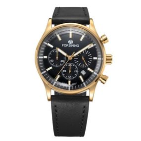 Чоловічий годинник Forsining 8311 Black-Gold з хронографом та шкіряним ремінцем
