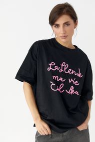 Трикотажна футболка oversize з написом - чорний цвет, ONE SIZE (є розміри)