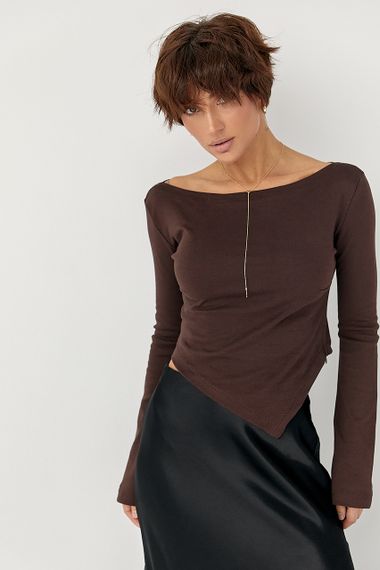Трикотажна блуза з асиметричним низом - коричневий цвет, L (є розміри)